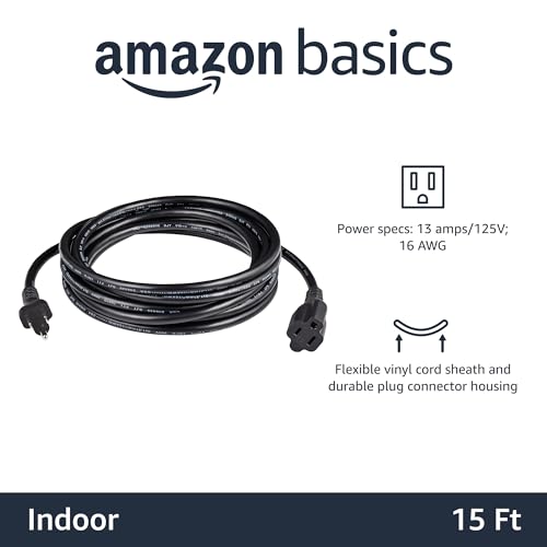 Image of Amazon Basics Extension Cord, 13 Amps, 125V, 15 Foot, Black - Pack of 2
