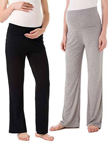 Ecavus Women's Maternity Comfy Palazzo Lounge Pants Stretch Pregnancy Shorts Trousers (S, Black+Grey)