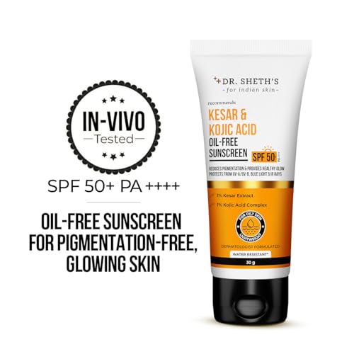 Image of Dr. Sheth's Kesar & Kojic Acid Oil-Free Sunscreen SPF 50+ Pa++++ |In-Vivo Tested | For Pigmentation-Free Skin | Lightweight & Non Greasy | For UVA /UVB & Blue Light & IR Protection | No White Cast | For Oily Skin | For Men & Women | 30 g