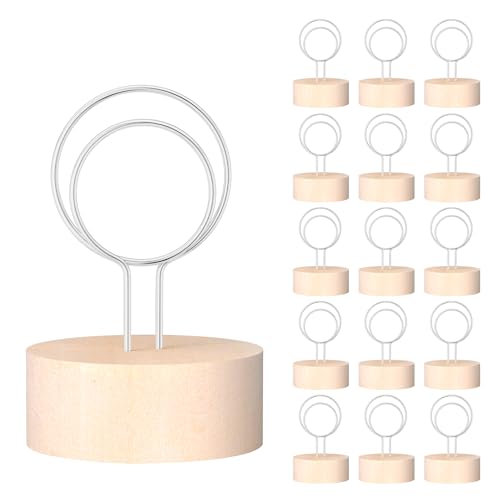 Oubest Table Number Holders with Metal Wire and Wooden Base, 16 PCS Place Card Holders for Table Centerpieces Wedding Party Birthday Decor, Wood Sign Stand for Display Picture Photo Food Iabel, Silver