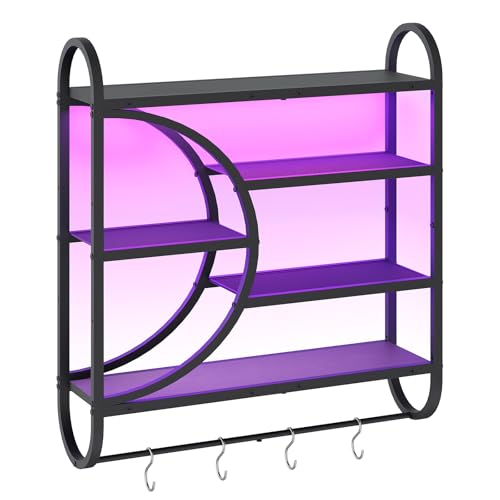 Image of HOOBRO Gaming Floating Shelves with LED Lights, 28.9 inch LED Wall Mounted Shelf, 5-Tier Display Rack for Wall Storage, Floating Rack with Hanging Rod and 4 S-Hooks, for Game Room, Black BB50DBJ01