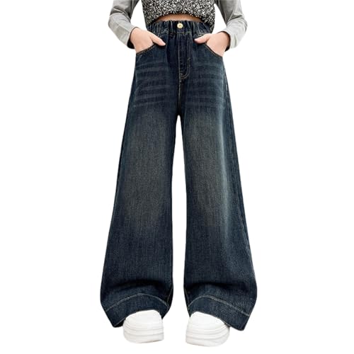 Kids Girls Jeans Retro Wide Leg Denim Pants Elastic Waist Button Straight Trousers Casual Preppy Streetwear with Pockets
