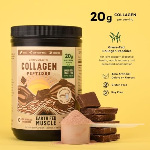 Image of Earth Fed Muscle Chocolate Collagen Peptides, Third-Party Certified. 20g Protein, Chocolate - Grass Fed, Non-GMO, Hormone Free, Gluten Free - Multi-Type - 19 Servings