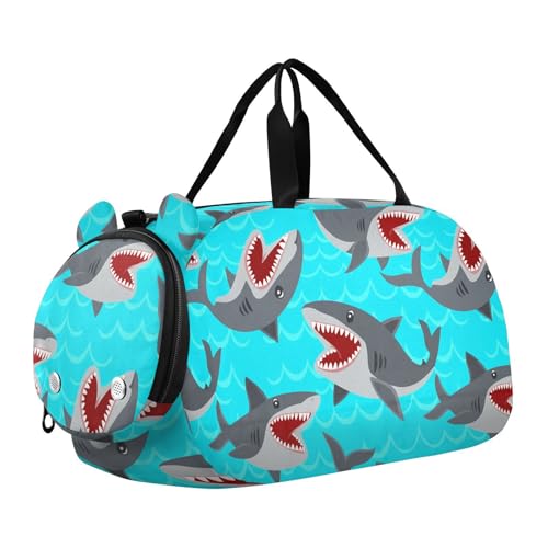 Sharks Ocean Blue Kids Travel Duffel Bag for Boys Girls Overnight Weekend Tote Bag with Shoes Compartment for Sleepover Trip Beach