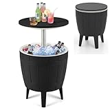 Giantex Cooler Side Table Outdoor, 10 Gallon Ice Cooler with Drainage Plug, Adjustable Height, 3-in-1 Cocktail Patio Par Table for Beer Wine Storage, Deck Pool Backyard Party, Black (Wood-Style)