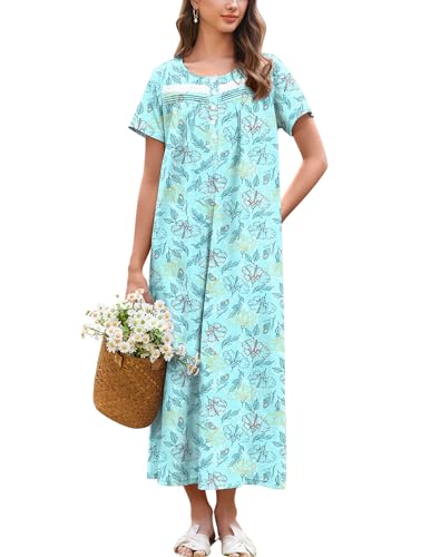 Image of Ekouaer Nightgown for Women Cotton Long Night Gown Short Sleeve Nightdress with Pockets Button Sleepshirt Soft Sleepwear