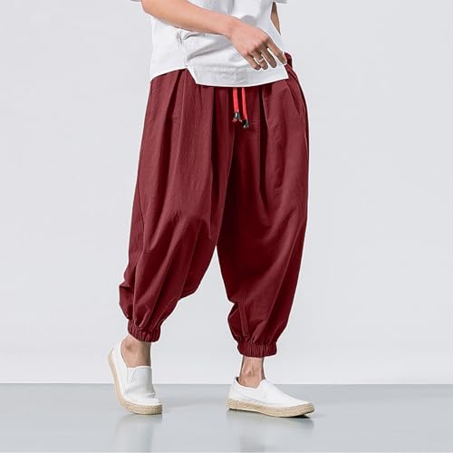 Mens Hip Hop Harem Pants Baggy Linen Boho Jogger Parachute Pants Oversized Tapered Casual Vintage Elastic Drawstring Trouser4