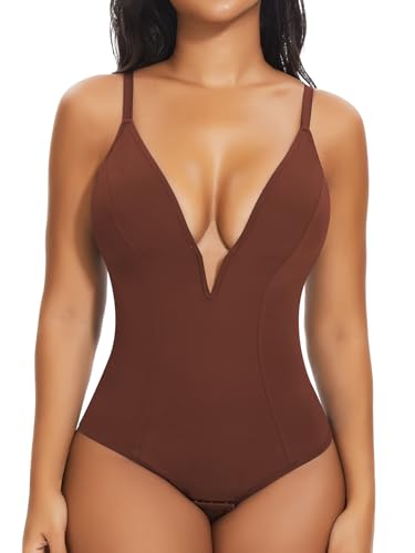 Image of SHAPERIN Bodysuit for Women Shapewear Tummy Control Deep V Neck Plunge Sleeveless Backless Thong Body Suit Tank Top