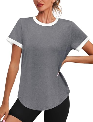 Image of Womens Workout Tops Summer Short Sleeve Shirts Athletic Color Block Gym Clothes Outfits Sun Protection UPF 50+ T Shirts