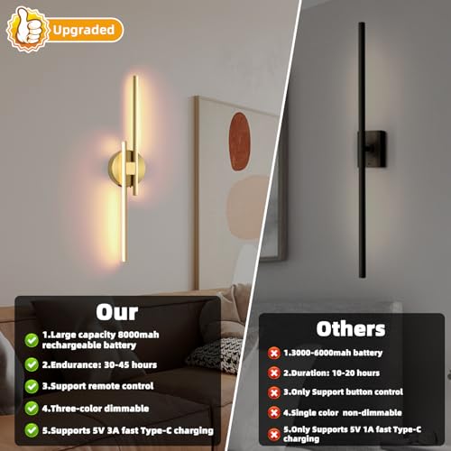 Image of Battery Operated Wall Sconce Set of 2,Gold 23.6 inch 3000K-6500K LED Dimmable Wall Sconces with Remote Control,Wireless Wall Light USB Rechargeable for Bedroom Hallway Living Room Background Wall Lighting