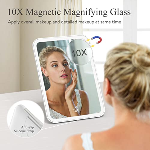 Naseto Travel Makeup Mirror With Lights & 10X Magnetic Magnification, 9.4"X6.7" Dimmable 3 Color Led Lighted Rechargeable Vanity Mirror With 360° Angle, Portable Compact Cosmetic Mirror For Women #TOP2