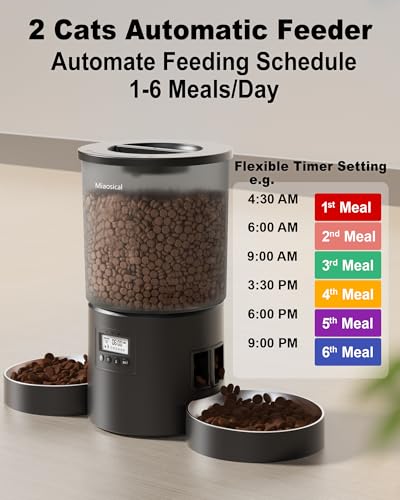 Automatic Cat Feeder 2 Cats, 4.2L Dry Food Auto Dispenser with Double Bowls,Dual Power Supply,Programmable Portion Control,10s Voice Recorder(Black,Stainless Steel Bowls) (Transparent+Black) - Image 3