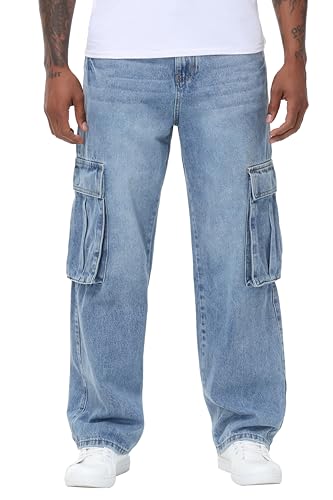 MZNBURAM Men's Non-Stretch Loose Fit Wide-Leg Baggy Cargo Jeans Pants (36, ALight Blue)
