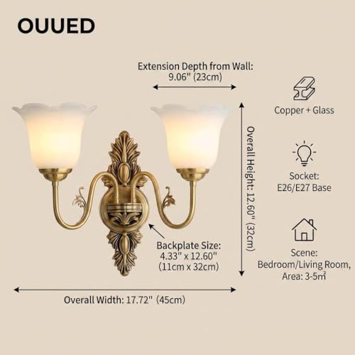 Aplique de pared de latón y oro antiguo con tulipas de vidrio 6