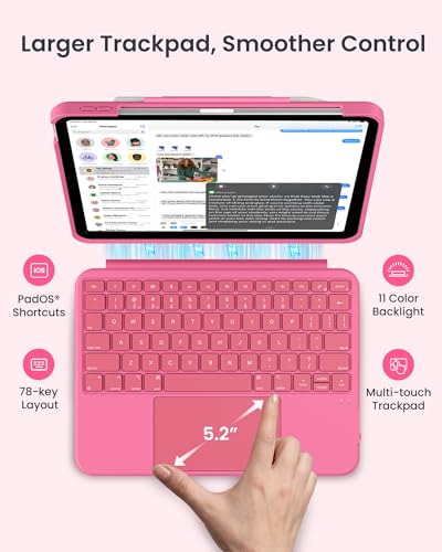 Image of typecase for iPad A16 11th /10th, Air 11 Inch M4 /M3 /M2 /5th /4th Keyboard Case | Magnetic Detachable Keyboard, Portrait /Landscape Modes, Multi-Touch Trackpad, 11-Color Backlit, Ultra-Light, Pink