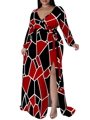Image of PinkPatty Women's Plus Size Long Sleeve Maxi Dress Casual V Neck Slit Tie Waist Wrap Dresses for Party Cocktail