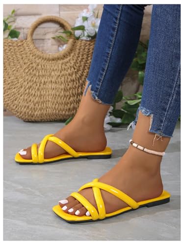 OYOANGLE Women's PU Leather Criss Cross Strap Flat Sandals Square Open Toe Slide Sandals Indoor Outdoor Shoes3