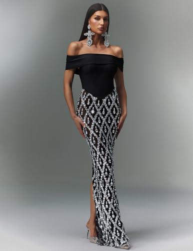 BELLA BARNETT Glamorous Black Off Shoulder Sequin Dress Embellished Mesh Mermaid Formal Galas4