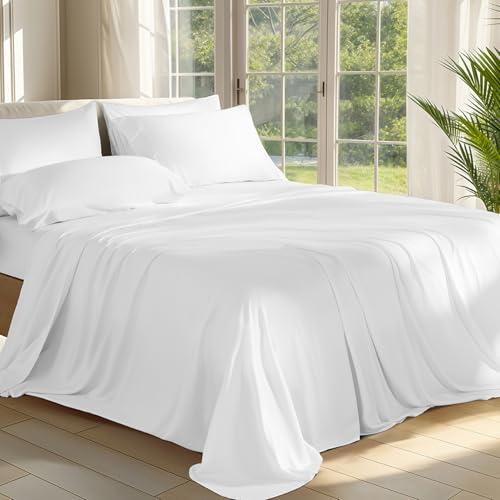 Shilucheng 100% Viscose Derived from Bamboo_ Sheets King Size 6pcs - Ultra Cooling & Silky Soft Bed Sheets, 16" Deep Pocket, Perfect for Hot Sleepers, Hotel Bedding Sheets (White)