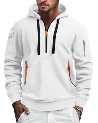 EDITCOZY Mens Half Zip Fleece Jumper Hoody Long Sleeve Sweatshirts Zip Up Pullover Jumper with Pockets White XL