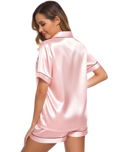 Image of SWOMOG Womens Silk Satin Pajamas Set Short Sleeve Sleepwear Button Down Top and Shorts Loungewear 2 Piece Pjs Set XS-3XL