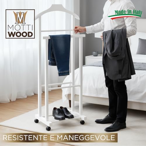 Mottiwood Indossatore Bianco, L'originale, Appendiabiti Da Camera, Legno Faggio, Servo Muto Doppio Con 4 Ruote, Made In Italy - 7