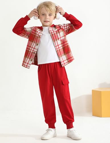 Image of 2Pcs Boys Clothes Sweatsuit Set Hoodie Flannel Plaid Shirt and Jogger Pants for Kids Fall Winter Spring Outfits