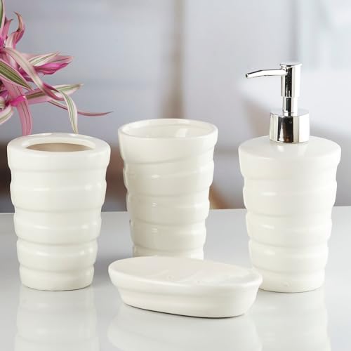Image of Kookee Ceramic Bathroom Accessories Set of 4, Modern Bath Set with Liquid handwash Soap Dispenser and Toothbrush Holder, Luxury Gift Accessory for Home, White (10237)