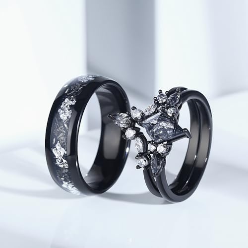 Black Rutilated Quartz Rings for Couples, Mens Meteorite Wedding Band, Personalized Promise Rings for Couples, Engraved Kite Cut Gothic Ring Set4