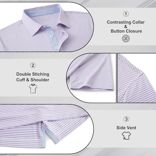 Image of Golf Shirts for Men - Dry Fit Moisture Wicking Short Sleeve Performance Sport Casual Striped Collared Mens Polo Shirt