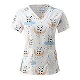 Briskorry Schlupfkasack Damen Bunt Pflege V-Ausschnitt Kasack mit Cartoon Motiv Übergröße Schlupfhemd Berufskleidung Arbeitskleidung Krankenschwester Kleidung T-Shirt