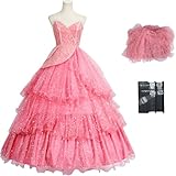 Hallojojo Glinda Disfraz Mujer Cosplay Wicked Hada Glinda Rosa Largo Tulle Flores Vestido de Noche para Dress Up Halloween Navidad Carnaval Fiesta Boda Cumpleaños Mascarada Princesa Vestido de Baile