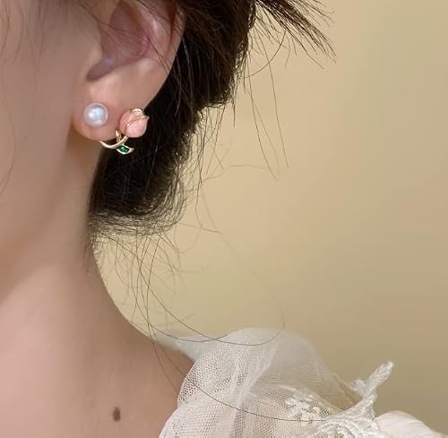 Pink Flower Earrings For Women Cute Pearl Tulip Pearl Stud Earrings Oil Drop Fairy Statement Summer Refreshing Seaside Holiday Earrings (Tulip 2) #TOP3