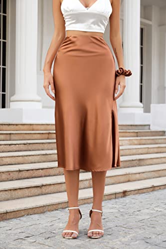 Alcea Rosea Women Satin Split Side Midi Skirt Elastic Waist Fishtail Silky Skirt Work Party Pencil Bias Cutting Skirt (Caramel,Large) #TOP7
