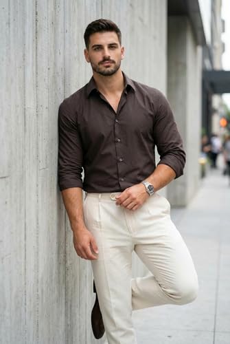 Image of IndoPrimo Men's Cotton Shirt with Stylish Full Sleeves Spread Collared Neck Solid Pattern Western Style Classic Fit and Standard Length | Casual Shirt for Man