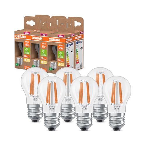 Lampada LED LED Superstar Classic P 40 nella classica forma mini sferica corpo in vetro trasparente 2.2 W 470 lm E27 luce calda con 2700 K EEK A diametro 45 mm pacco da 6 bianco