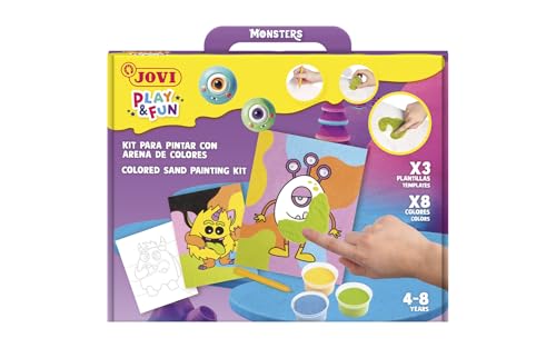 Jovi - Play&Fun - Set da pittura con sabbia colorata, 8 barattoli di sabbia e 3 fogli da colorare mostri, regali e artigianato per bambine e ragazzi dai 4 anni in su (2103)