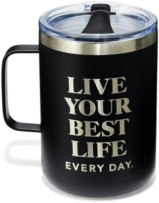 Oprah Daily Live Your Best Life Mug - Keep your Beverages Cold and Warm with Oprah's Double Insulated, Spill Proof Lid, Stainless Steel Mug for Tea, Coffee, Broth, Cold Drinks, and More! (Black)