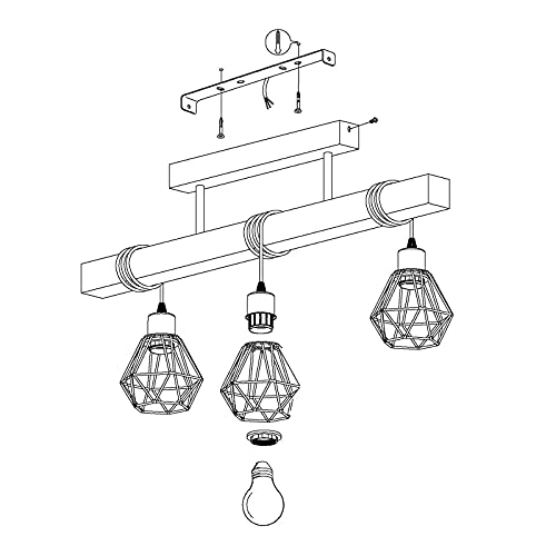 Suspension bois 3 lumières style industriel cage E27
