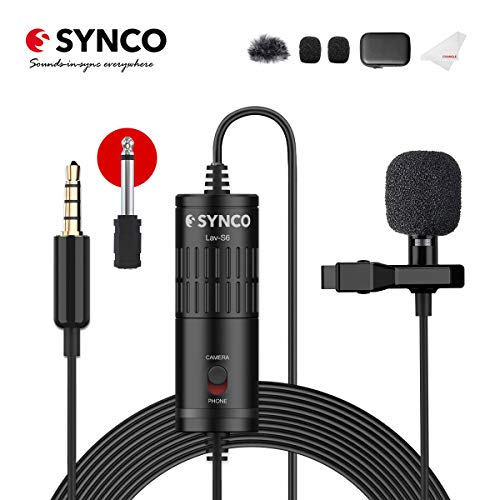 外付けマイク-小型集音マイク-全方向性コンデンサーマイク-ミニクリップマイク-ピンマイク 高音質 オフィスマイク スマホ/一眼レフ カメラ用マイク 録音用マイク 携帯/ビデオカメラ対応 6mオーディオケーブル 3.5 mm TRS/TRRS 録音 日本語説明書付き SYNCO Lav-S6