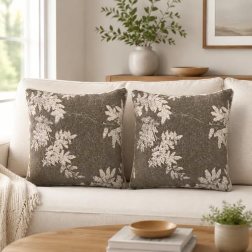 JoraLion Vintage Leaf 18x18 Throw Pillow Covers Chenille Beige