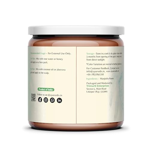 Image of Manjistha Powder 100g | Rubia Cordifolia Root Powder for Face & Skin | Natural Ayurvedic Face Pack for Brightening, Glow & Even Skin Tone | Paraben-Free, Chemical-Free