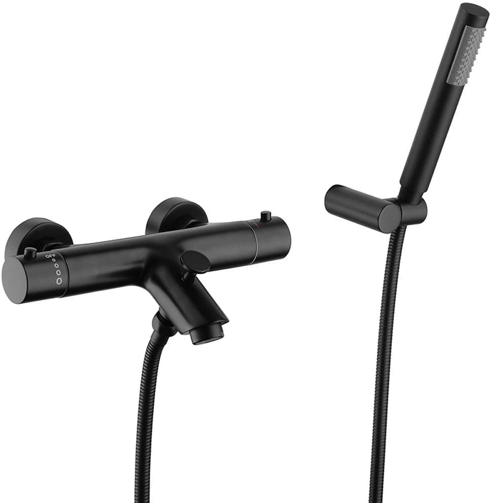 Bathtub Faucets Constant Temperature Bath Shower Set Wall Mounted Solid Brass in Black Shower Taps Set Bathtub Mixer with Handheld Shower, Luxury Shower Set