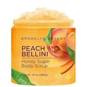 Brooklyn Botany Peach Bellini Honey Sugar Scrub for Body 10 oz – Deeply Hydrating and Gently Exfoliating Body Scrub for Women and Men – Moisturizing and Nourishing the Skin