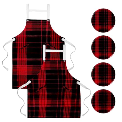 Tablier de cuisine homme femme en lin réglable motif écossais avec poches de rangement