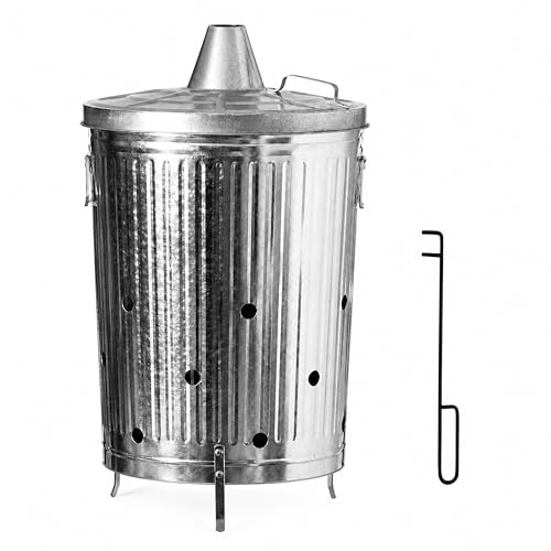 20-Gallon Galvanized Steel Incinerator Can with Lid Ventilation Holes and Lid Lifter Outdoor Burner Bin for Yard Waste Silver