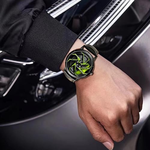 Image of FANMIS Men's Racing Car Wheel Watch 3D Spinning Dial Stainless Steel Watch | Creative 3D Spinning Car Quartz Large Skeleton Face and 30M Water Resistance Designed for Car Fans and Daily Wear.