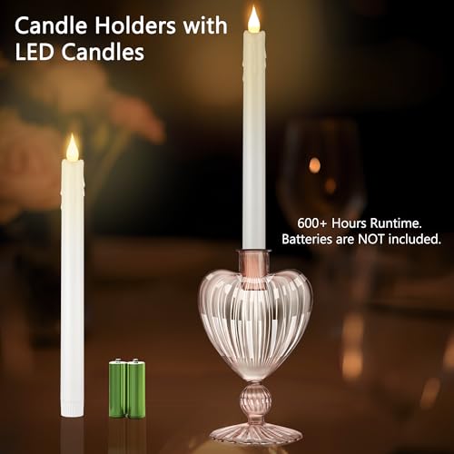 Image of Flameless Taper Candle with Vintage Glass Candle Holder, Set of 2, Wedding Dating Party Table Decor Centerpiece, Heart Shaped, Rose Gold