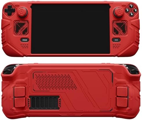 PlayVital Mecha Protective Case for Steam Deck – Anti-Slip Silicone Grip Cover for Steam Deck OLED & LCD | Shockproof Shell with Back Button Enhancement Set & Thumb Grips & Stickers – Red — view 5