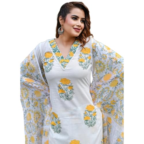 Image of Women Printed Stylish White and Yellow Kurta with Pant and Dupatta Set